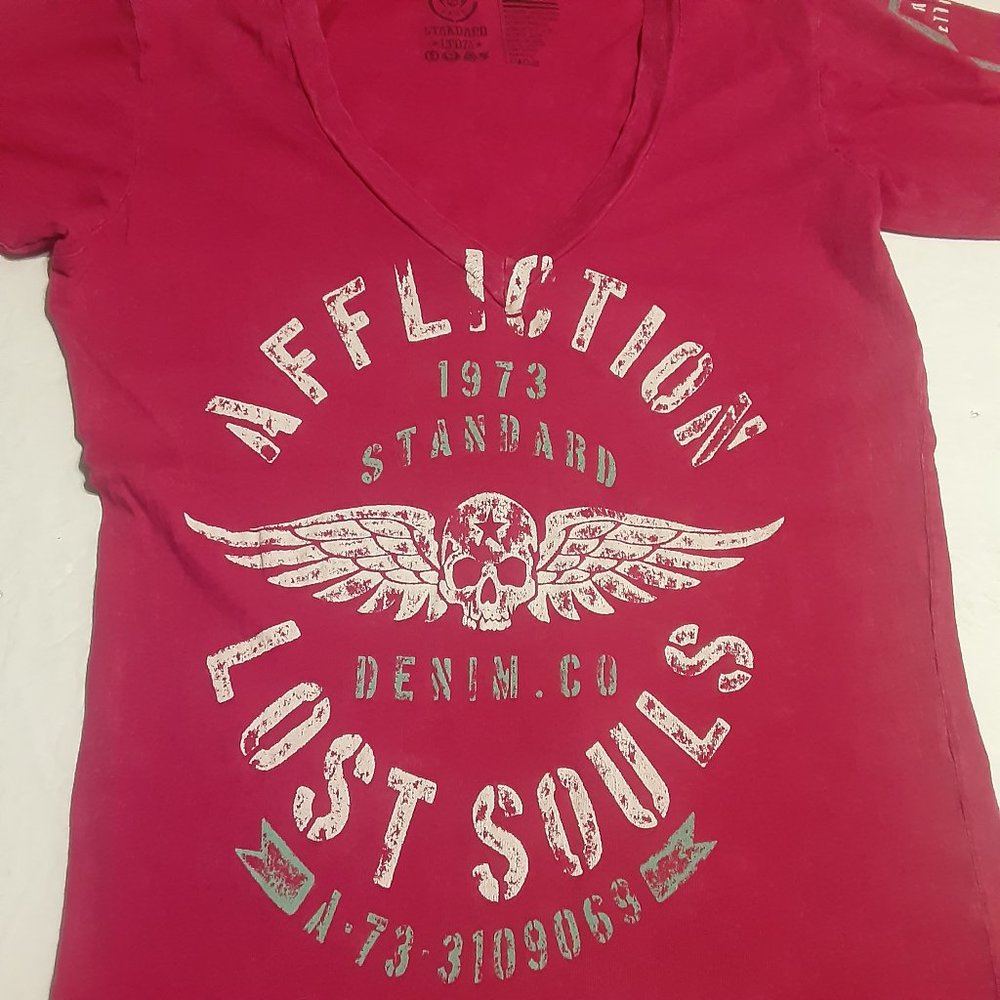 Affliction Women's Standard Live Fast Lost Souls SS V Neck T Shirt Size S
